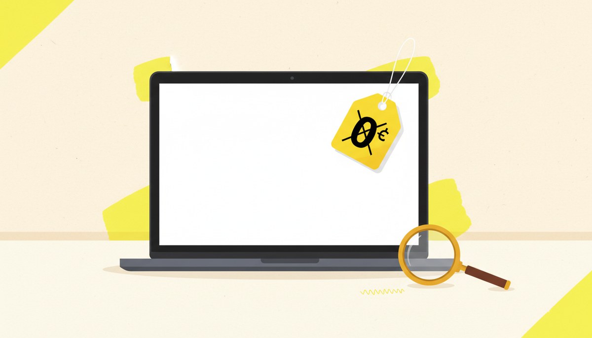 Ноутбук с жёлтым ценником «0» на верёвочке и лупа рядом — бесплатный курс и скрытые условия