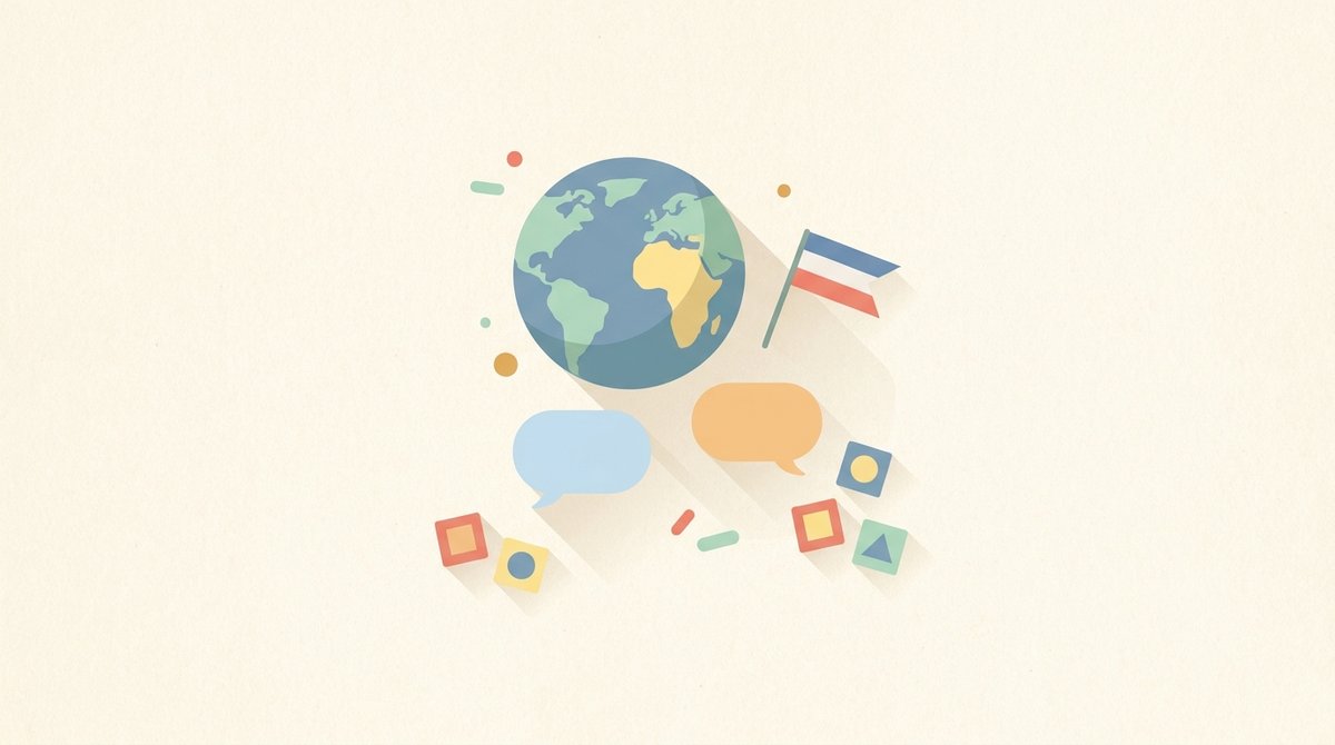 Глобус, флажок, речевые облачка и кубики с буквами
